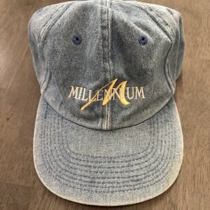 VINTAGE Millennium Denim Hat Cap Adjustable Back One Size Gold Blue RARE TOPPERS